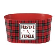 Kvetináč plechový 225x110 mm oválny, `Šťastné a veselé`, červená, čierna, zelená